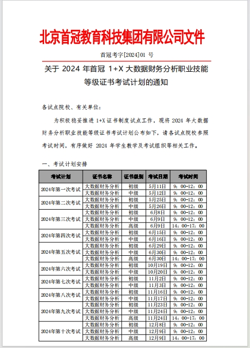 考試計劃丨關(guān)于 2024 年首冠教育 1+X 大數(shù)據(jù)財務(wù)分析職業(yè)技能等級證書考試計劃的通知